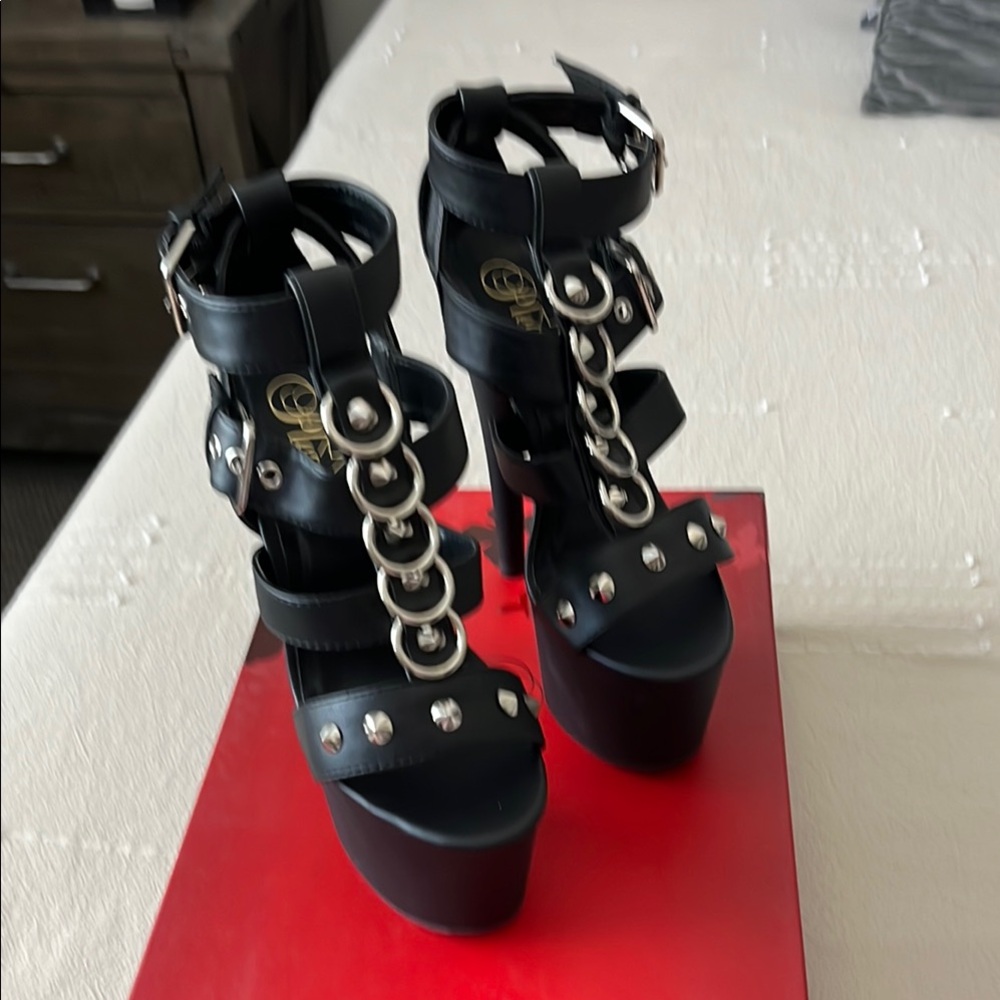 Pleaser Black Platform Sandals with Silver Accents
